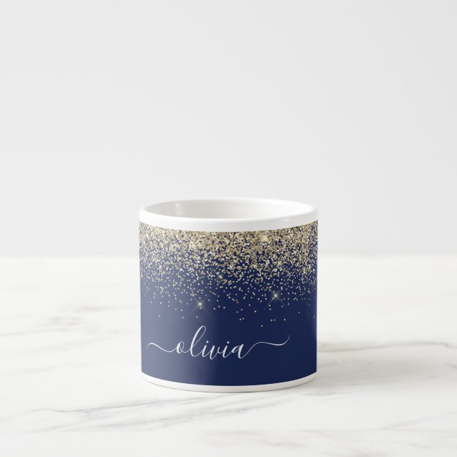 Gold Navy Blue Glitter Girly Monogram Name Espresso Cup (Front)