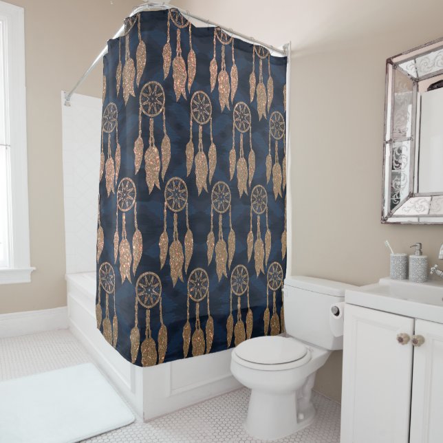 Gold Navy Blue Glitter Ikat Dream Catcher Pattern Shower Curtain (In Situ)