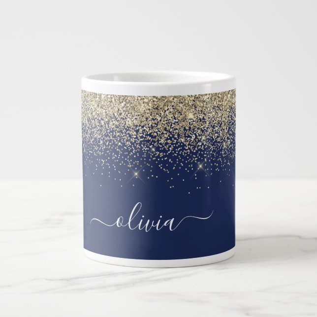 Gold Navy Blue Glitter Modern Monogram Name Large Coffee Mug (Front)