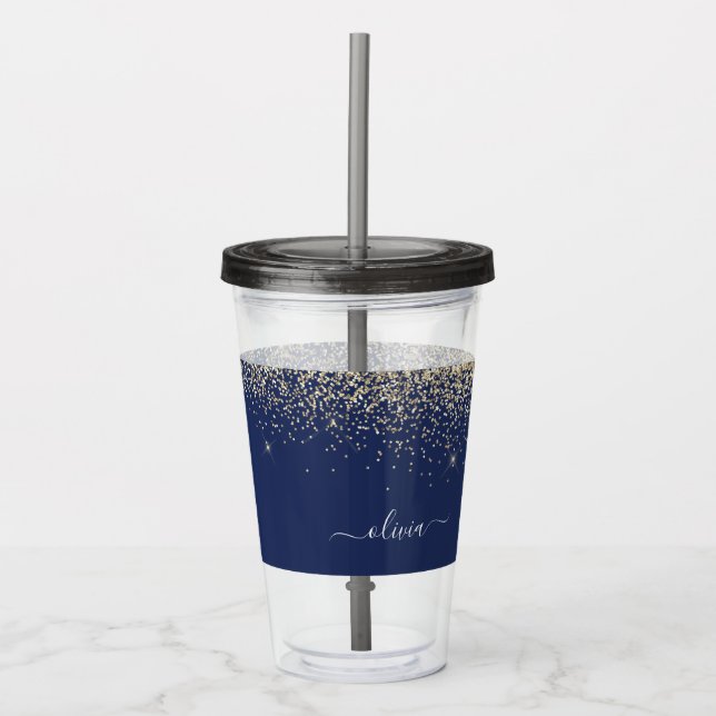 Gold Navy Blue Glitter Script Monogram Girly Name Acrylic Tumbler (Front)