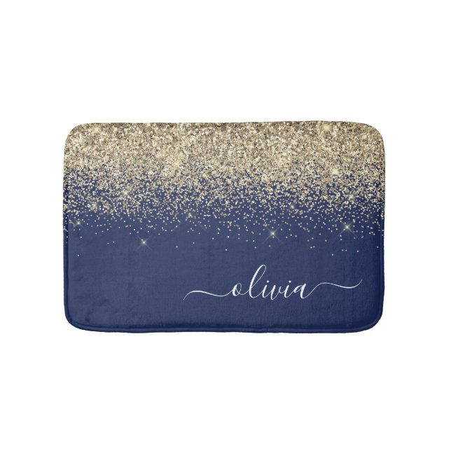 Gold Navy Blue Glitter Script Monogram Girly Name Bath Mat (Front)