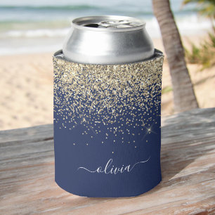 Gold Navy Blue Glitter Script Monogram Girly Name Can Cooler