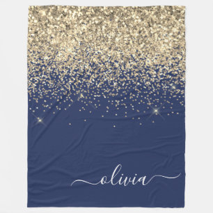 Gold Navy Blue Glitter Script Monogram Girly Name Fleece Blanket