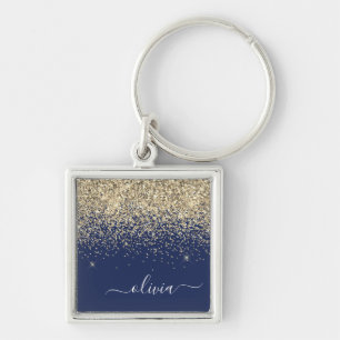 Gold Navy Blue Glitter Script Monogram Girly Name Key Ring