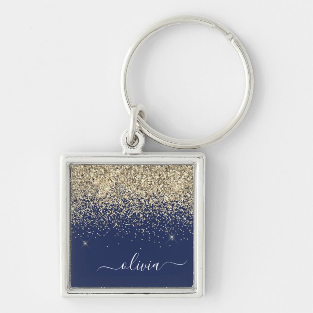 Gold Navy Blue Glitter Script Monogram Girly Name Key Ring (Front)