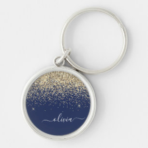 Gold Navy Blue Glitter Script Monogram Girly Name Key Ring