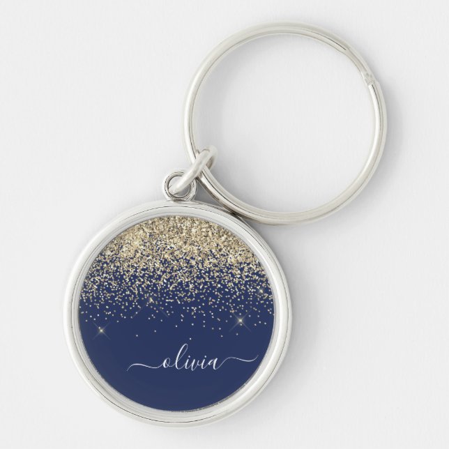 Gold Navy Blue Glitter Script Monogram Girly Name Key Ring (Front)