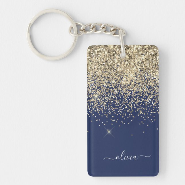 Gold Navy Blue Glitter Script Monogram Girly Name Key Ring (Front)