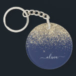 Gold Navy Blue Glitter Script Monogram Girly Name Key Ring<br><div class="desc">Gold and Navy Blue Sparkle Glitter Script Monogram Name Keychain. This makes the perfect sweet 16 birthday,  wedding,  bridal shower,  anniversary,  baby shower or bachelorette party gift for someone that loves glam luxury and chic styles.</div>