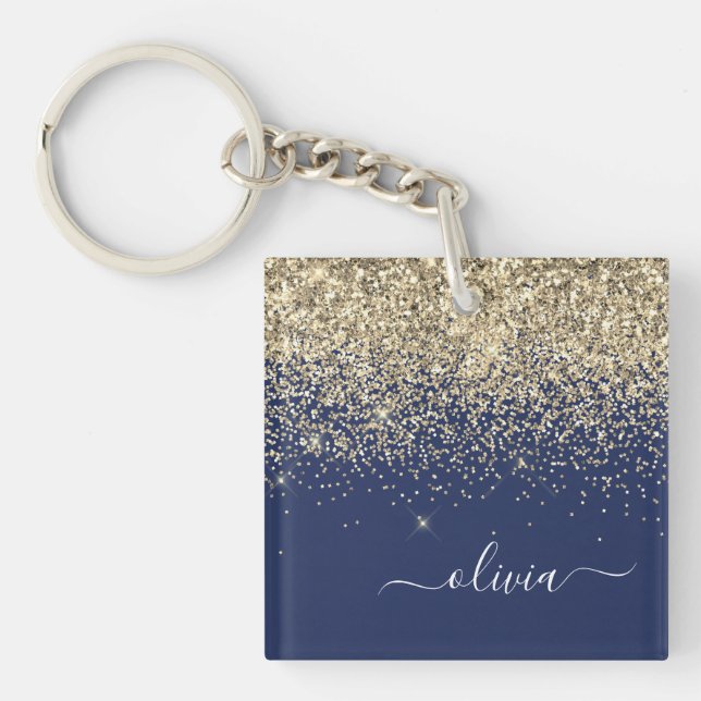Gold Navy Blue Glitter Script Monogram Girly Name Key Ring (Front)