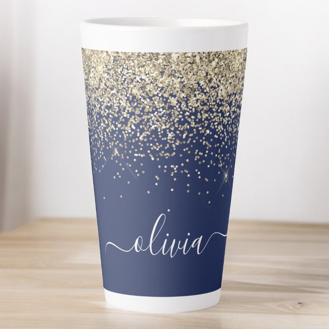 Gold Navy Blue Glitter Script Monogram Girly Name Latte Mug (Creator Uploaded)