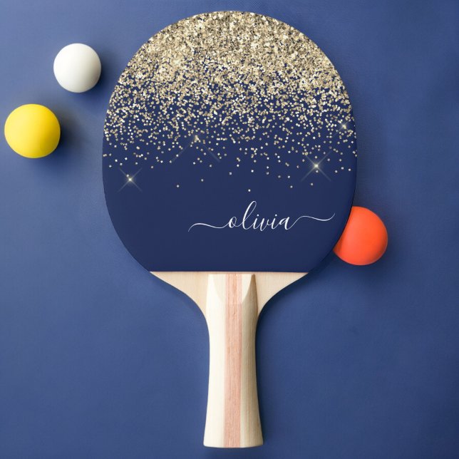 Gold Navy Blue Glitter Script Monogram Girly Name Ping Pong Paddle (Creator Uploaded)
