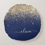 Gold Navy Blue Glitter Script Monogram Girly Name Round Cushion<br><div class="desc">Navy Blue and Gold Foil Sparkle Glitter Script Monogram Name Pouf Pillow. The pillow makes the perfect sweet 16 birthday,  wedding,  bridal shower,  baby shower or bachelorette party gift for someone decorating her room in rose gold.</div>
