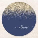Gold Navy Blue Glitter Script Monogram Girly Name Round Paper Coaster<br><div class="desc">Navy Blue and Gold Sparkle Glitter Script Monogram Name Paper Coasters. This makes the perfect graduation,  birthday,  wedding,  bridal shower,  anniversary,  baby shower or bachelorette party gift for someone that loves glam luxury and chic styles.</div>