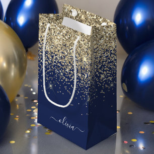 Gold Navy Blue Glitter Script Monogram Girly Name Small Gift Bag