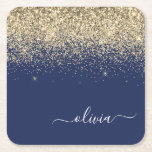 Gold Navy Blue Glitter Script Monogram Girly Name Square Paper Coaster<br><div class="desc">Navy Blue and Gold Sparkle Glitter Script Monogram Name Paper Coasters. This makes the perfect graduation,  birthday,  wedding,  bridal shower,  anniversary,  baby shower or bachelorette party gift for someone that loves glam luxury and chic styles.</div>