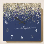Gold Navy Blue Glitter Script Monogram Girly Name Square Wall Clock<br><div class="desc">Gold and Navy Blue Sparkle Glitter Script Monogram Name Clock. This makes the perfect sweet 16 birthday,  wedding,  bridal shower,  anniversary,  baby shower or bachelorette party gift for someone that loves glam luxury and chic styles.</div>