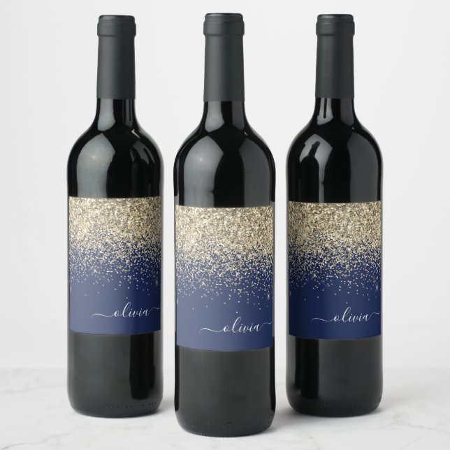 Gold Navy Blue Glitter Script Monogram Girly Name Wine Label (Bottles)