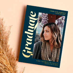 Gold navy blue graduate script 3 photos graduation