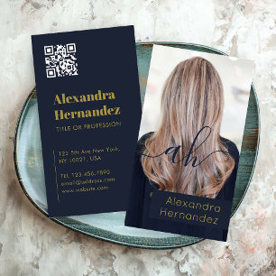 Gold Navy Blue Hair Makeup Photo Initial Qr Code Business Card