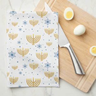 Gold & Navy Blue Hanukkah Menorah Pattern Tea Towel