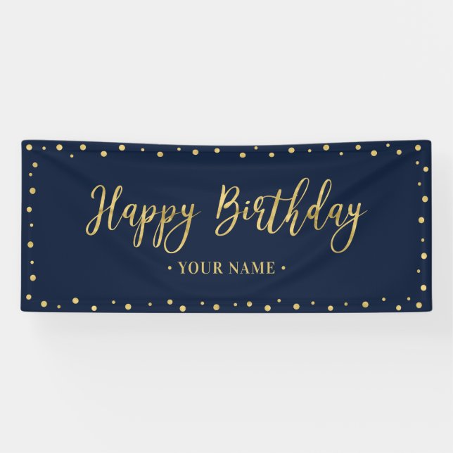 Gold & Navy Blue Happy Birthday Party Banner (Horizontal)