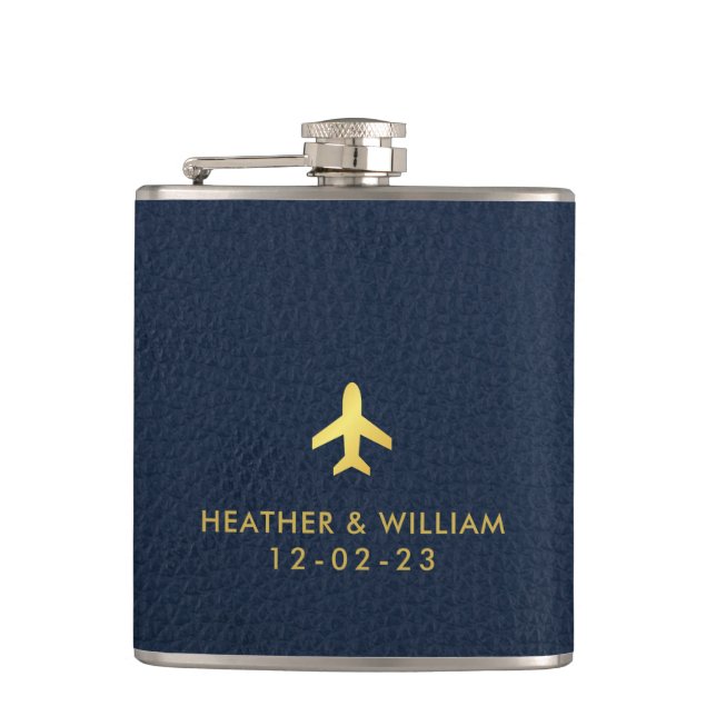 Gold Navy Blue Leather Destination Wedding Favours Hip Flask (Front)