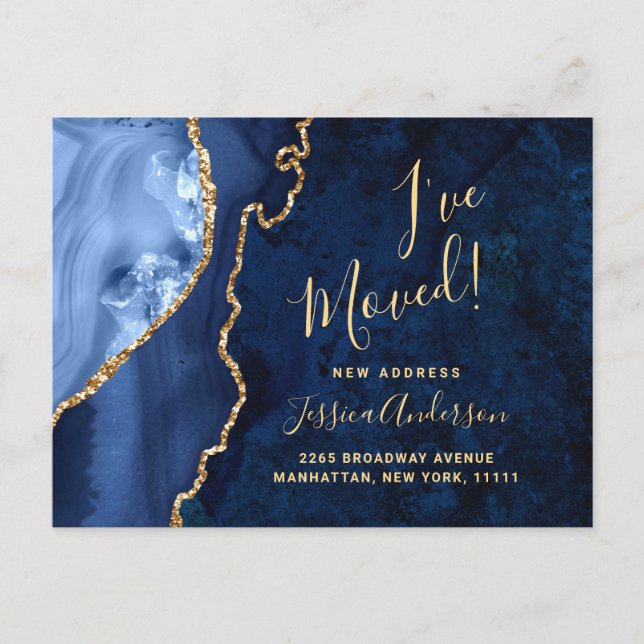 Gold Navy Blue Marble Agate Moving Announcement Postcard (Front)