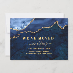 Gold & Navy Blue Marble Agate New Address Moving Announcement