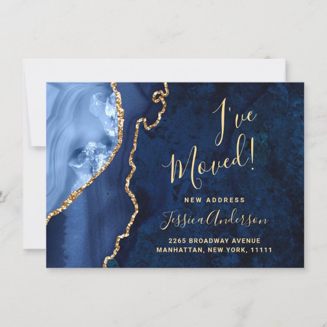 Gold & Navy Blue Marble Agate New Address Moving Announcement (Front)