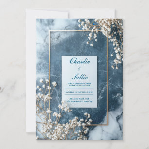 Gold Navy Blue Marble Baby's Breath Wedding Invitation