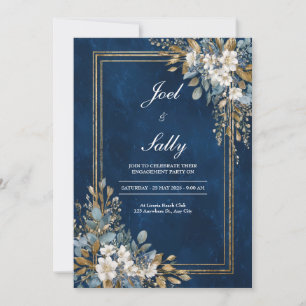 Gold Navy Blue Marble Floral Winter Wedding Invitation