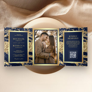 Gold Navy Blue Marble Photo QR Code Wedding Tri-Fold Invitation