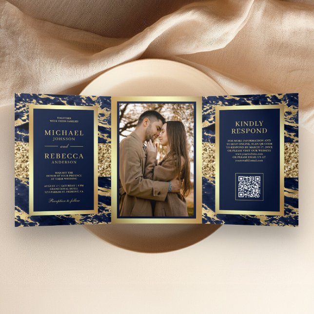 Gold Navy Blue Marble Photo QR Code Wedding Tri-Fold Invitation (Creator Uploaded)