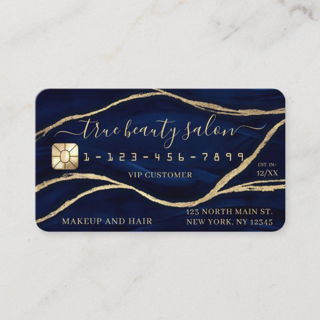 Gold Navy Blue Marble Signature Script Credit Card (Front)