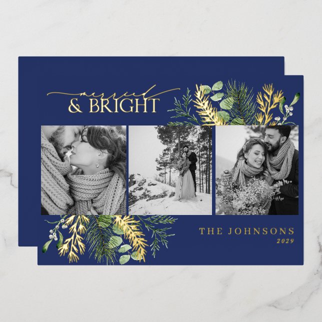 Gold Navy Blue Married & Bright Black White Photo Foil Holiday Card (Front/Back)