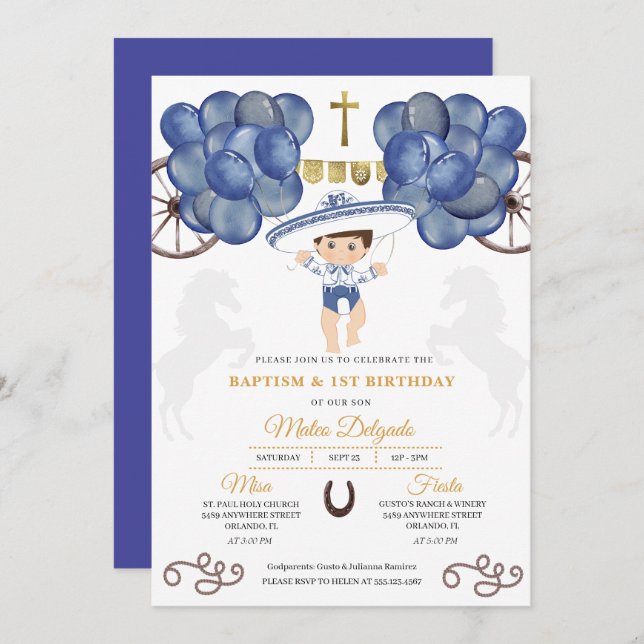 Gold & Navy Blue Mexican Baby Boy Charro Baptism Invitation (Front/Back)