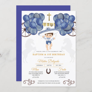 Gold & Navy Blue Mexican Baby Boy Charro Baptism Invitation