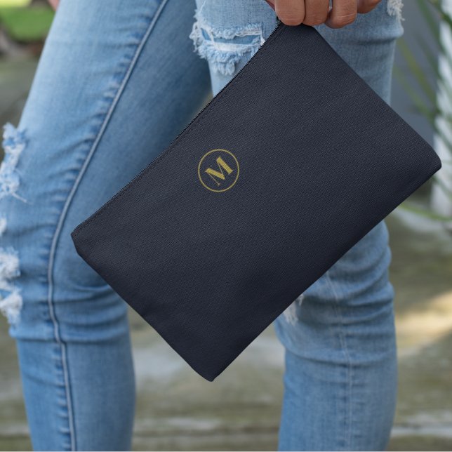 Gold Navy Blue | Minimalist Modern Monogrammed Accessory Pouch (Creator Uploaded)