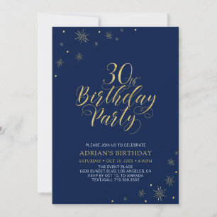 Gold & Navy Blue Modern Chic 30th Birthday Party Invitation