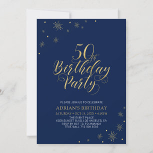 Gold & Navy Blue   Modern Chic 50th Birthday Party Invitation