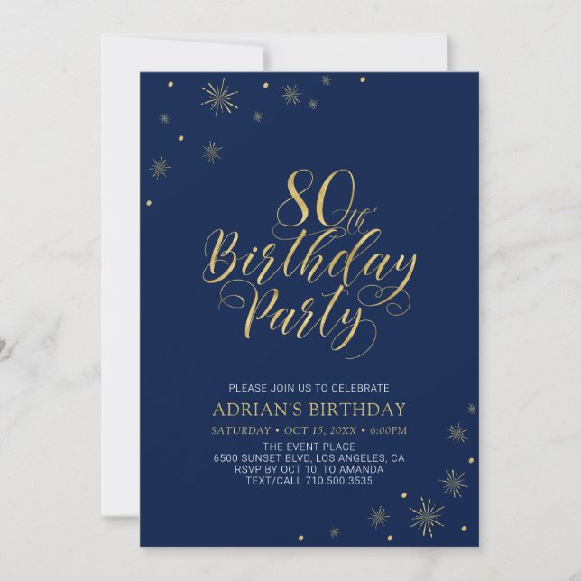 Gold & Navy Blue | Modern Chic 80th Birthday Party Invitation (Front)