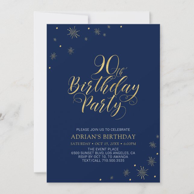 Gold & Navy Blue | Modern Chic 90th Birthday Party Invitation (Front)