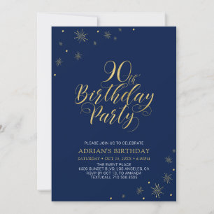 Gold & Navy Blue   Modern Chic 90th Birthday Party Invitation