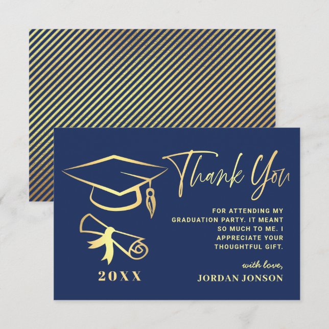 Gold Navy Blue Modern Graduation Party Thank You Card (Front/Back)