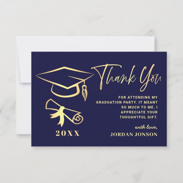 Gold Navy Blue Modern Graduation Party Thank You Card (Front)