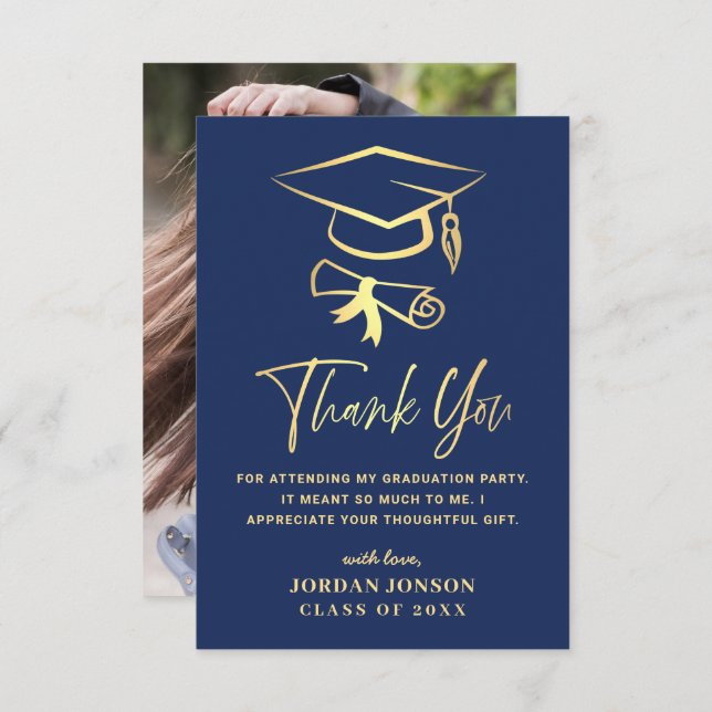 Gold Navy Blue Modern Graduation PHOTO Thank You Card (Front/Back)