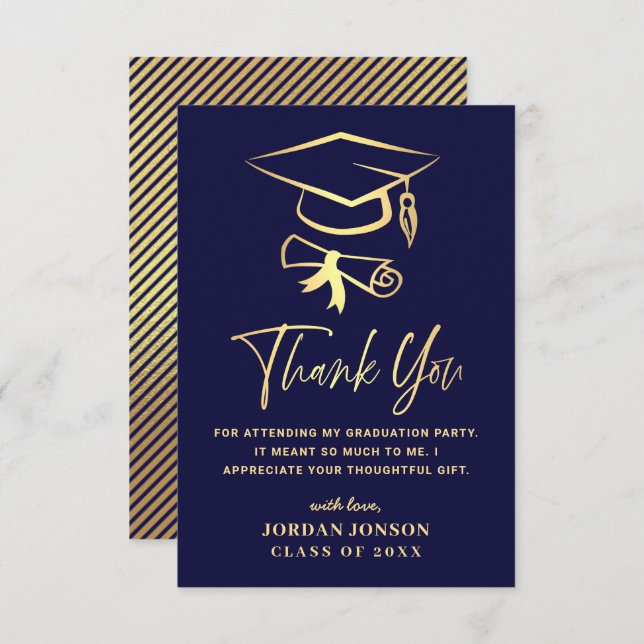 Gold Navy Blue Modern Graduation Thank You Card (Front/Back)