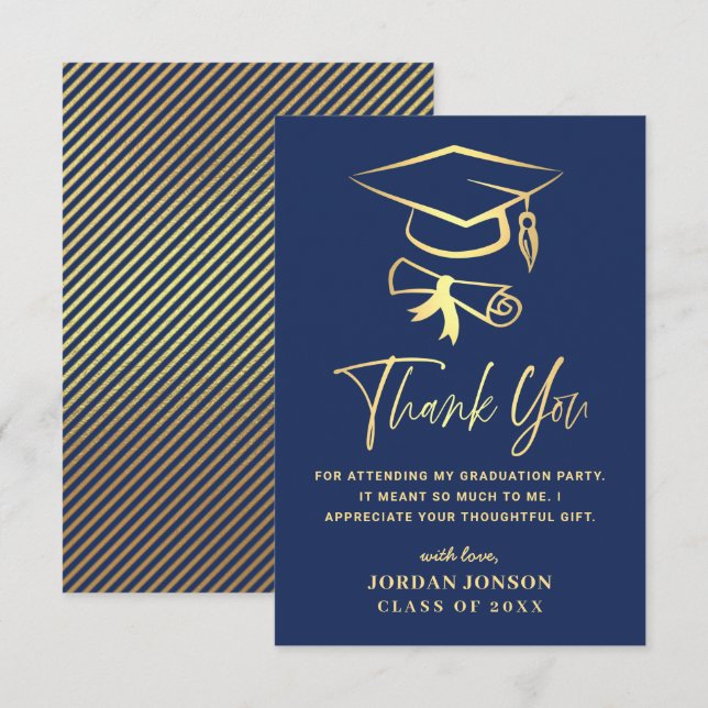 Gold Navy Blue Modern Graduation Thank You Card (Front/Back)