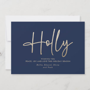 Gold navy blue modern minimal script elegant holiday card